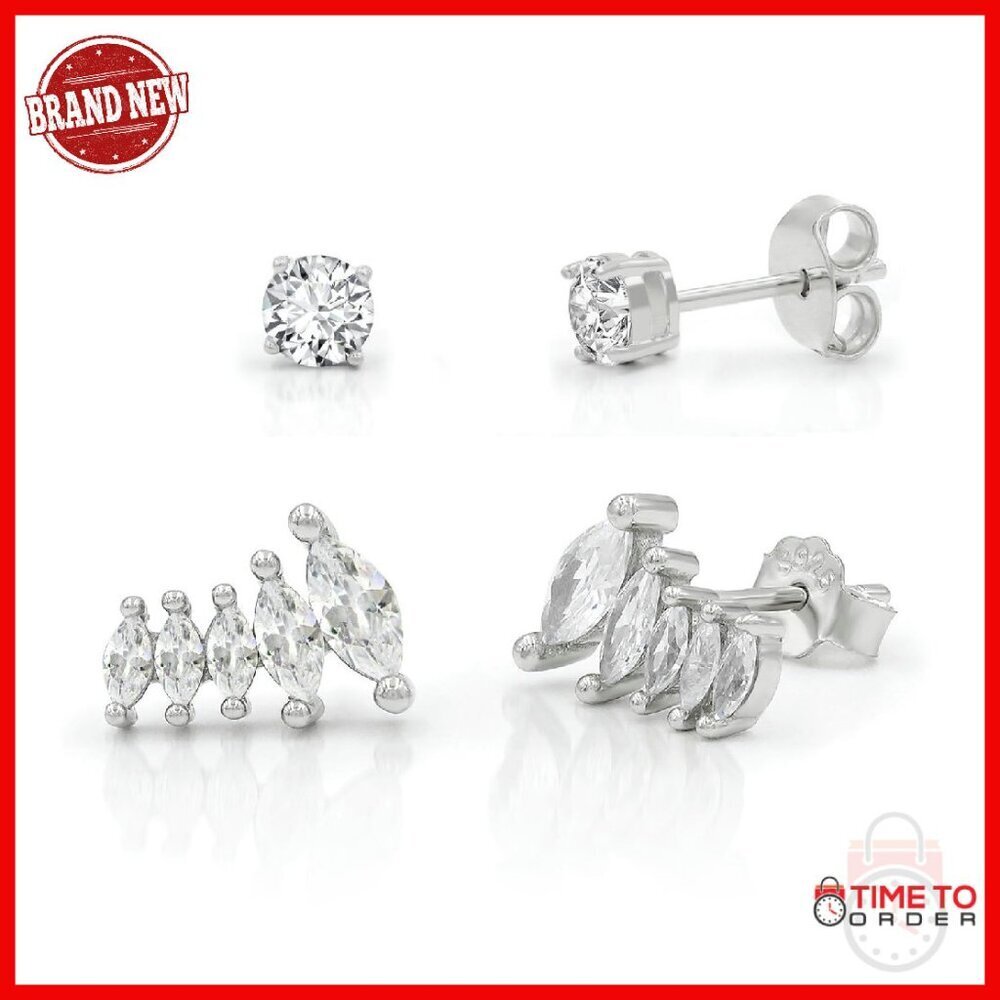 Sterling Silver CZ Ear Crawler Stud Set 2 Pair Gift Vermeil